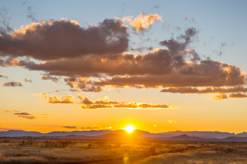 american-prairie-2025-01-09-05-15-22-utc Sunset over a desert landscape with mountains in the distance, golden clouds scattered across the sky, and dry grass in the foreground.